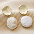 Molten Pearl Drop Earrings in Gold on Beige Fabric
