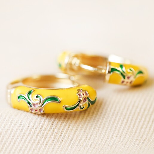Colourful Mustard Floral Enamel Hoop Earrings in Gold