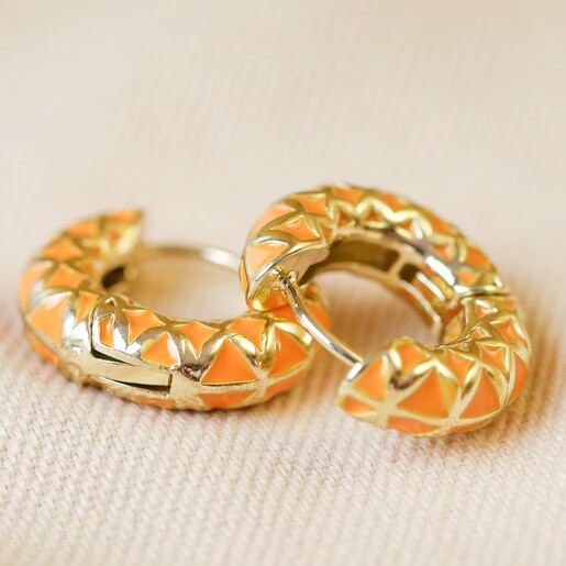 Orange Geometric Enamel Hoop Earrings in Gold