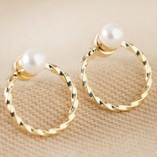Pearl and Twisted Hoop Jacket Earrings in Gold