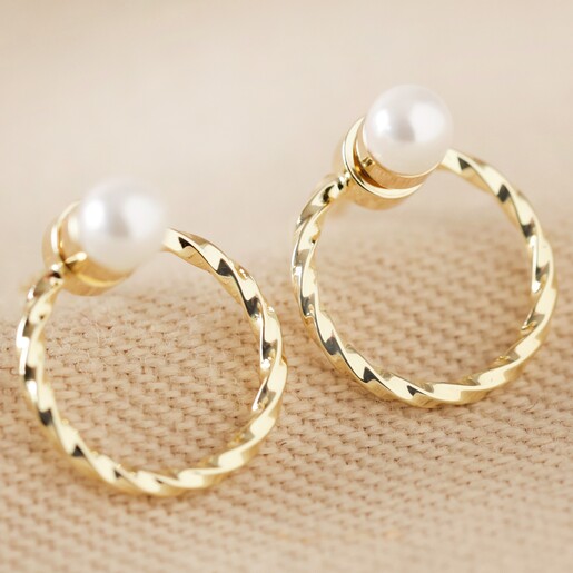 Pearl and Twisted Hoop Jacket Earrings in Gold Delicate Pearl and Twisted Hoop Jacket Earrings in Gold