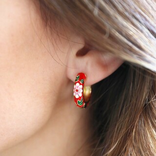 Red Cloisonné Hoop Earrings in Gold
