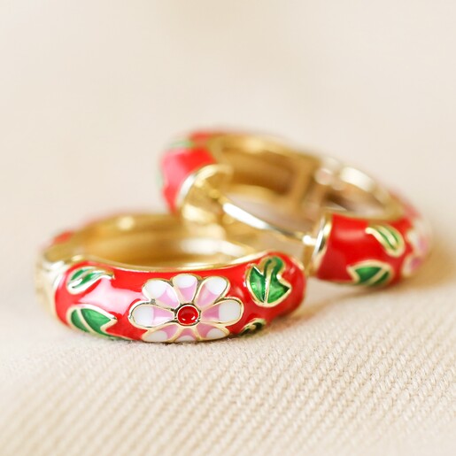 Red Floral Enamel Hoop Earrings in Gold