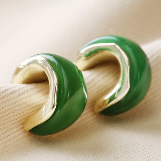 Small Green Resin Hoop Earrings in Gold Small Green Resin Hoop Earrings in Gold on Beige Fabric