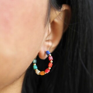 Small Rainbow Beaded Hoop Earrings in Gold