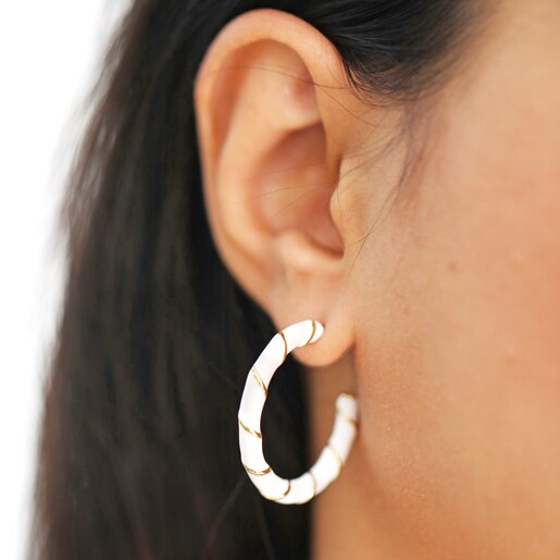 On Model Close Up of White Enamel Rope Hoop Earrings in Gold