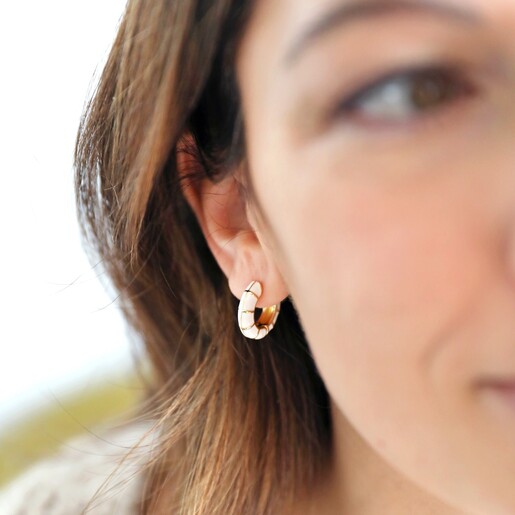 Model Wearing White Geometric Enamel Hoop Earrings in Gold