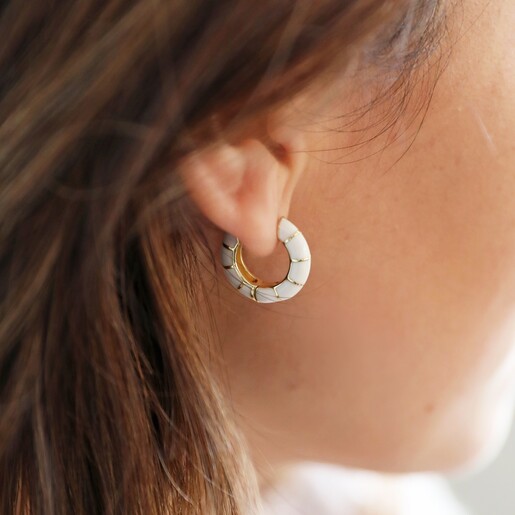 White Geometric Enamel Hoop Earrings in Gold on Model