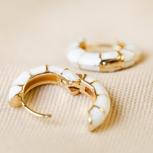 Open and Closed White Geometric Enamel Hoop Earrings in Gold