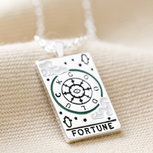 Close-up of Enamel The Fortune Tarot Card Necklace in Silver
