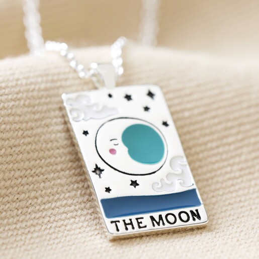 Close-up of Enamel The Moon Tarot Card Necklace in Silver