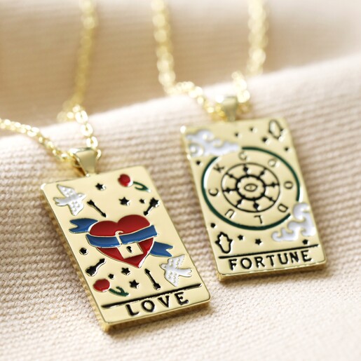 Fortune Tarot Enamel Pendant Necklace in Gold with Love Necklace