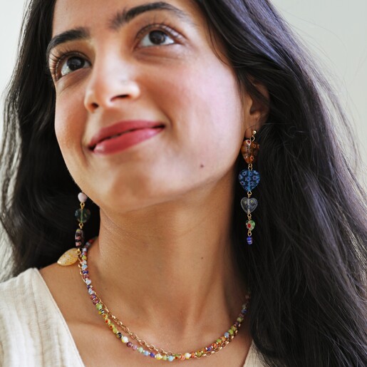 Colourful Mixed Beads Necklace in Gold on Model