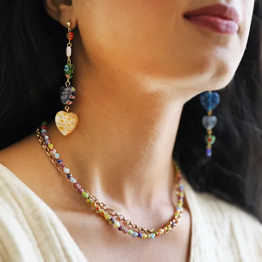 Colourful Mixed Beads Necklace in Gold on Model