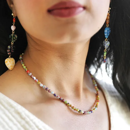 Colourful Mixed Beads Necklace in Gold on Model