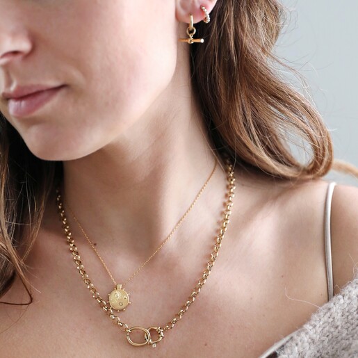 Stainless Steel T-Bar Huggie Hoop Earrings in Gold in Curated Look with Chain Necklace and Pendant Necklace