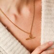 Close Up of Model Wearing Lisa Angel Gold Stainless Steel T-Bar Necklace