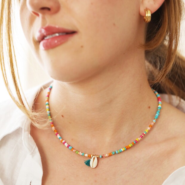 Faux Pearl & Rainbow Striped Ball Beaded Necklace | SHEIN IN