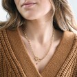 Round Clasp and Hoop Necklace in Gold on Model in Brown Jumper