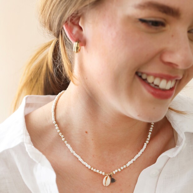 White Beaded Shell Charm Necklace White Beaded Shell Charm Necklace