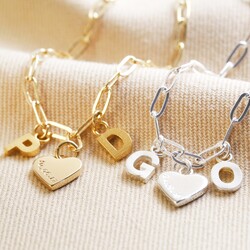Personalised Initials and Heart Charm Rectangle Chain Necklace