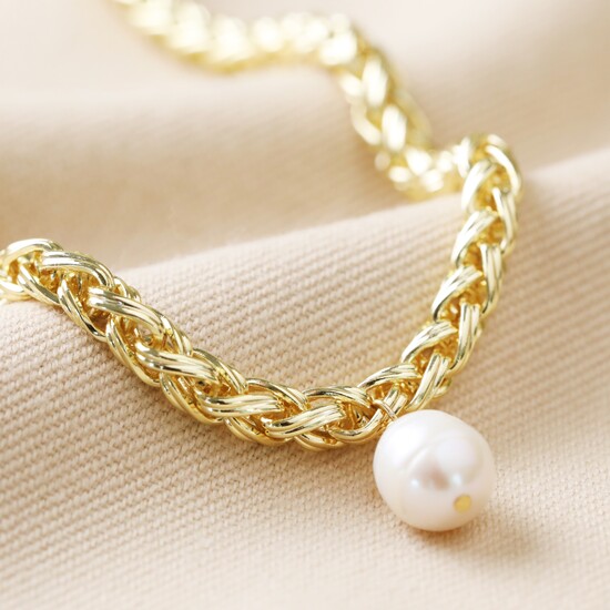 Plaited Rope Chain and Pearl Necklace in Gold
