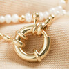 Close Up of Clasp on Round Clasp and Pearls Necklace in Gold