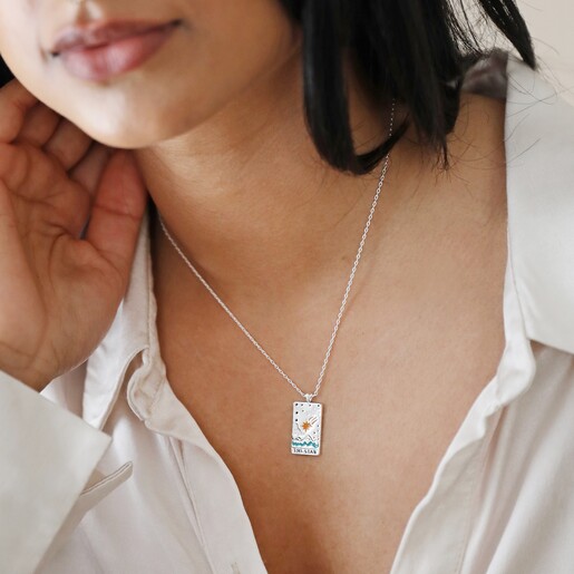 Model Wearing The Star Tarot Enamel Pendant Necklace in Silver