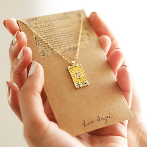 The Sun Tarot Enamel Pendant Necklace in Gold on Card