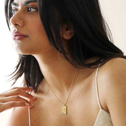 Model Wears The Sun Tarot Enamel Pendant Necklace in Gold