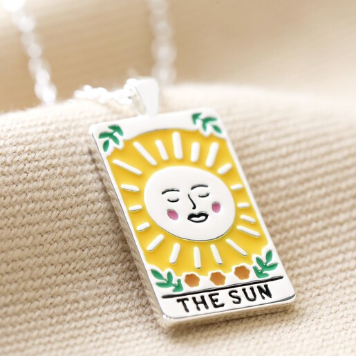 Close-up of The Sun Tarot Enamel Pendant Necklace in Silver