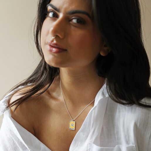 The Sun Tarot Enamel Pendant Necklace in Silver on Model