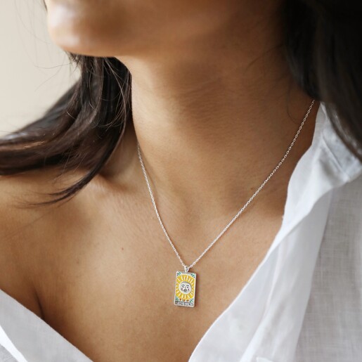 Model Wearing The Sun Tarot Enamel Pendant Necklace in Silver