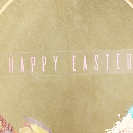 close up of happy easter banner for Easter Dried Flower Bamboo Hoop Wreath