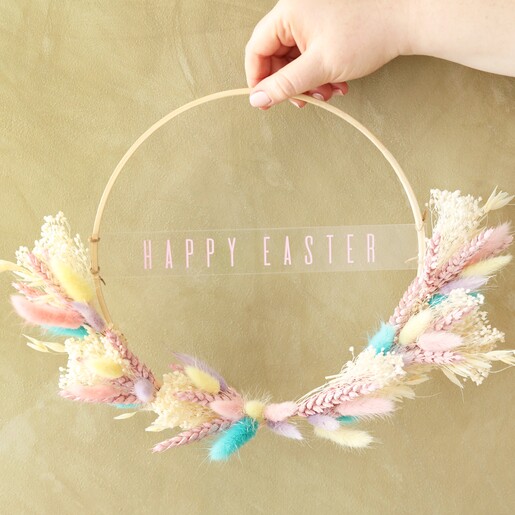 model holding Easter Dried Flower Bamboo Hoop Wreath