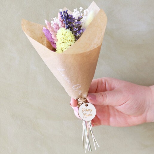 Model Holding Easter Token Dried Flower Posy