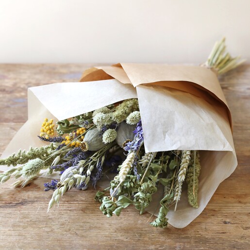 English Countryside Dried Flower Bouquet on Wooden Table