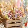 Wrapped Pastel Dried Flower Bouquet Arranged in Wooden Crate
