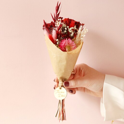Model Holding Red Personalised Valentine's Token Dried Flower Posy