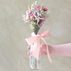 Pink and Yellow Dried Flower Posy with Vase