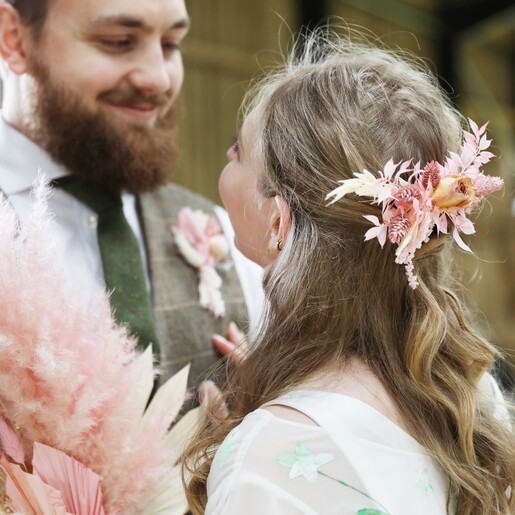 Model Wearing Blush Pink Dried Flower Hair Comb