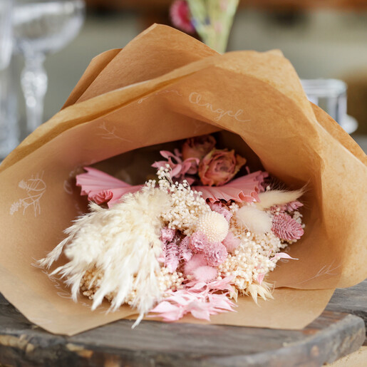 Blush Pink Dried Flower Wedding Posy in Brown Paper