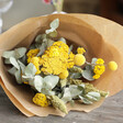Close-up of Eucalyptus and Yellow Dried Flower Wedding Bouquet