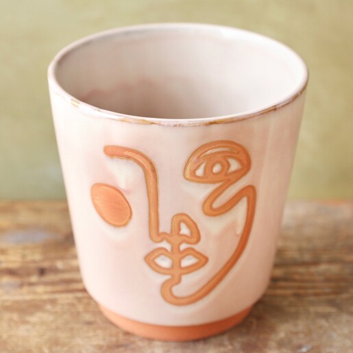 Aerial view of Large Pink and Terracotta Abstract Face Planter, H19cm