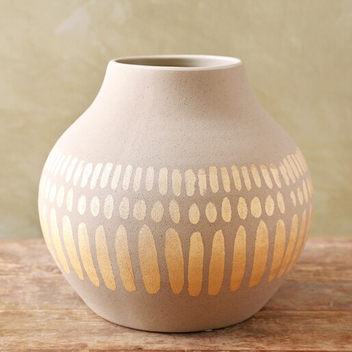 Large Round Hand-Painted Vase in Grey on wooden table