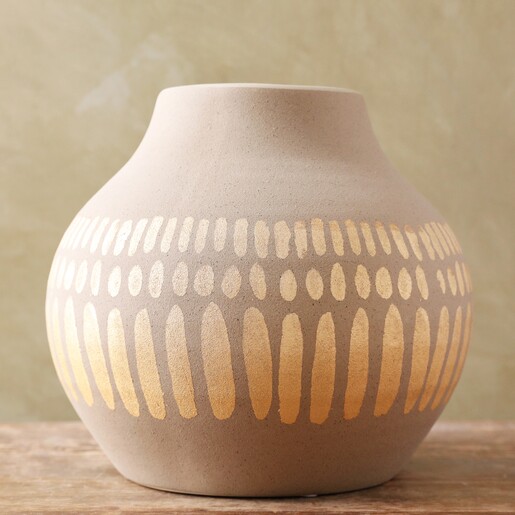 front of Large Round Hand-Painted Vase in Grey