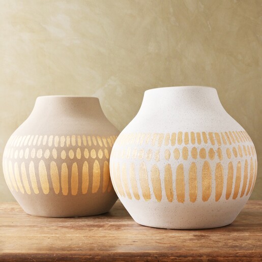 Large Round Hand-Painted Vase in Grey and white sat on wooden table