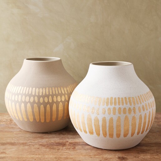 Large Round Hand-Painted Vase in White and grey alternative colour on wooden table