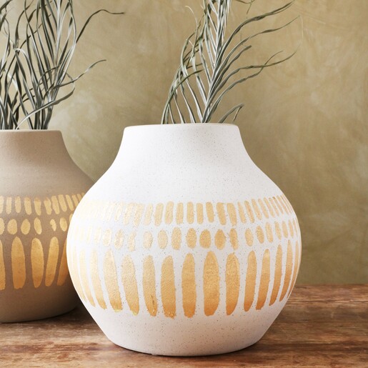 close up of Large Round Hand-Painted Vase in White with the grey alternative colour behind