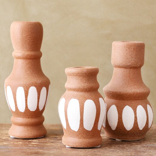 3 Terracotta Candlesticks Close-up